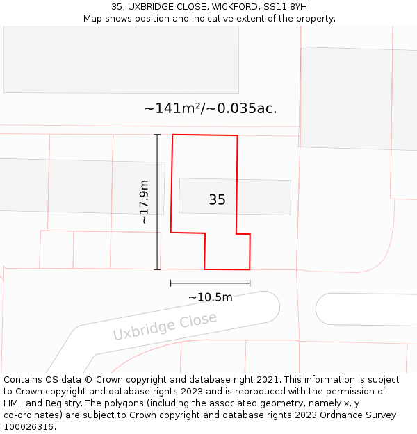 35, UXBRIDGE CLOSE, WICKFORD, SS11 8YH: Plot and title map