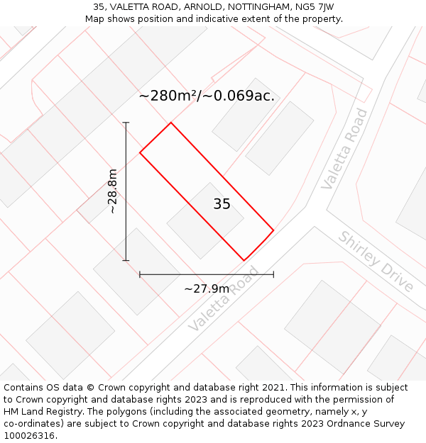 35, VALETTA ROAD, ARNOLD, NOTTINGHAM, NG5 7JW: Plot and title map