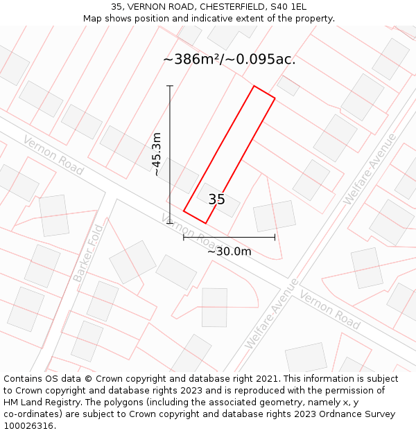 35, VERNON ROAD, CHESTERFIELD, S40 1EL: Plot and title map