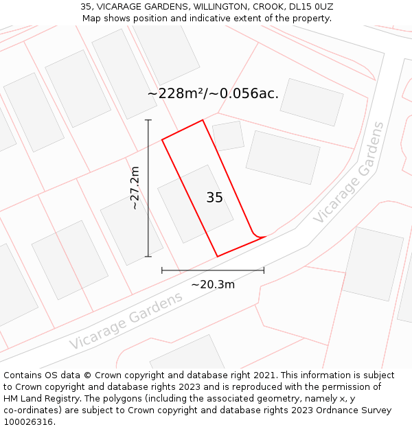 35, VICARAGE GARDENS, WILLINGTON, CROOK, DL15 0UZ: Plot and title map