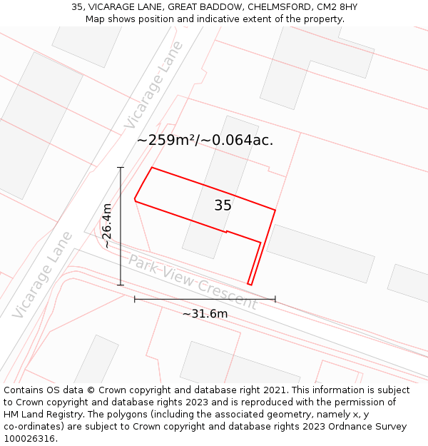 35, VICARAGE LANE, GREAT BADDOW, CHELMSFORD, CM2 8HY: Plot and title map