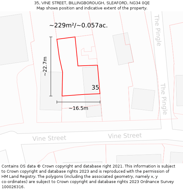 35, VINE STREET, BILLINGBOROUGH, SLEAFORD, NG34 0QE: Plot and title map