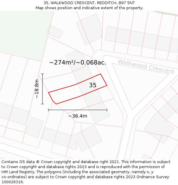 35, WALKWOOD CRESCENT, REDDITCH, B97 5NT: Plot and title map