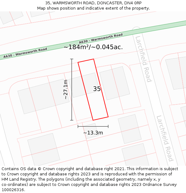 35, WARMSWORTH ROAD, DONCASTER, DN4 0RP: Plot and title map