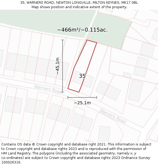 35, WARNERS ROAD, NEWTON LONGVILLE, MILTON KEYNES, MK17 0BL: Plot and title map