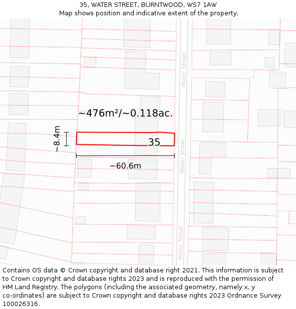 35, WATER STREET, BURNTWOOD, WS7 1AW: Plot and title map