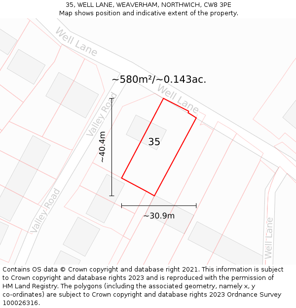 35, WELL LANE, WEAVERHAM, NORTHWICH, CW8 3PE: Plot and title map