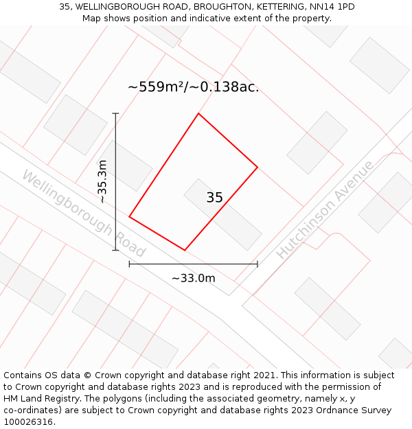 35, WELLINGBOROUGH ROAD, BROUGHTON, KETTERING, NN14 1PD: Plot and title map