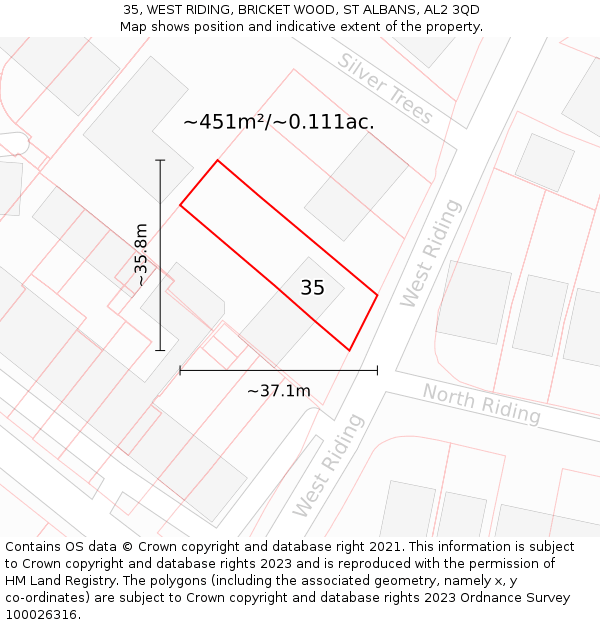 35, WEST RIDING, BRICKET WOOD, ST ALBANS, AL2 3QD: Plot and title map