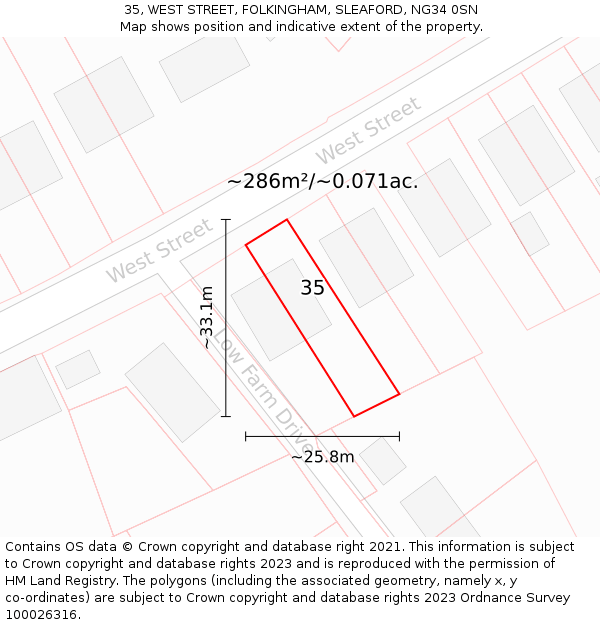 35, WEST STREET, FOLKINGHAM, SLEAFORD, NG34 0SN: Plot and title map