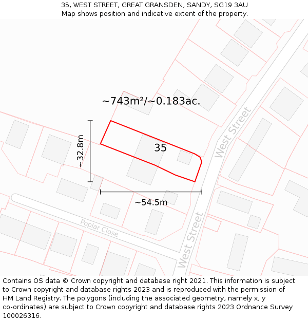 35, WEST STREET, GREAT GRANSDEN, SANDY, SG19 3AU: Plot and title map