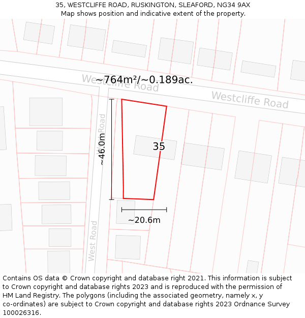 35, WESTCLIFFE ROAD, RUSKINGTON, SLEAFORD, NG34 9AX: Plot and title map