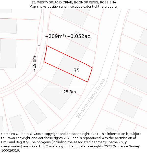 35, WESTMORLAND DRIVE, BOGNOR REGIS, PO22 8NA: Plot and title map