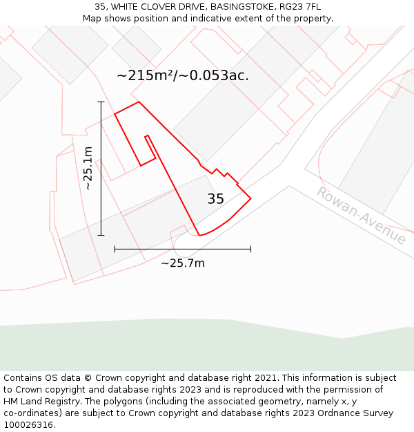 35, WHITE CLOVER DRIVE, BASINGSTOKE, RG23 7FL: Plot and title map