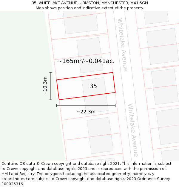 35, WHITELAKE AVENUE, URMSTON, MANCHESTER, M41 5GN: Plot and title map