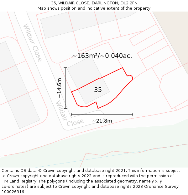 35, WILDAIR CLOSE, DARLINGTON, DL2 2FN: Plot and title map