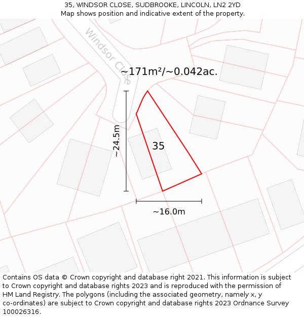 35, WINDSOR CLOSE, SUDBROOKE, LINCOLN, LN2 2YD: Plot and title map
