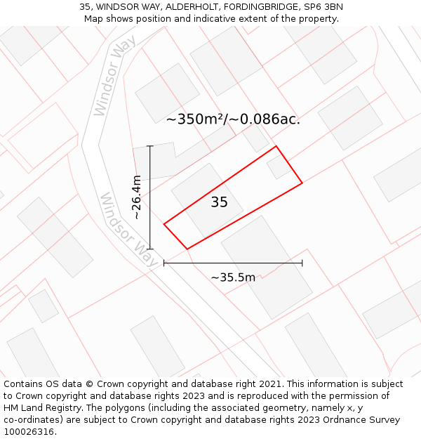 35, WINDSOR WAY, ALDERHOLT, FORDINGBRIDGE, SP6 3BN: Plot and title map