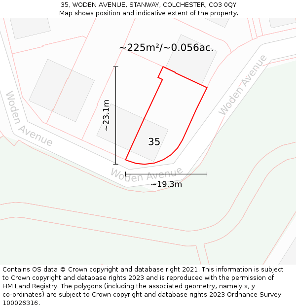 35, WODEN AVENUE, STANWAY, COLCHESTER, CO3 0QY: Plot and title map