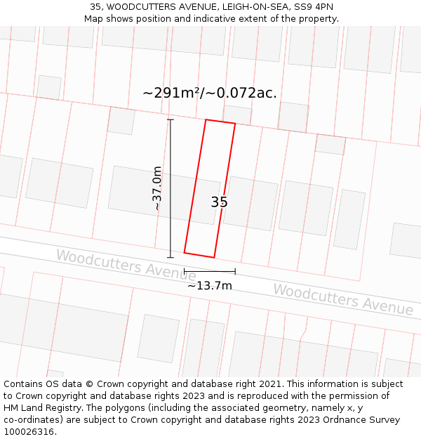 35, WOODCUTTERS AVENUE, LEIGH-ON-SEA, SS9 4PN: Plot and title map