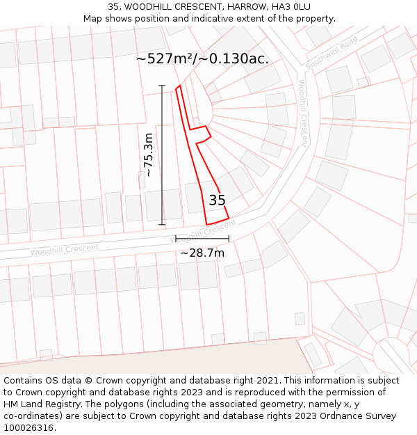 35, WOODHILL CRESCENT, HARROW, HA3 0LU: Plot and title map