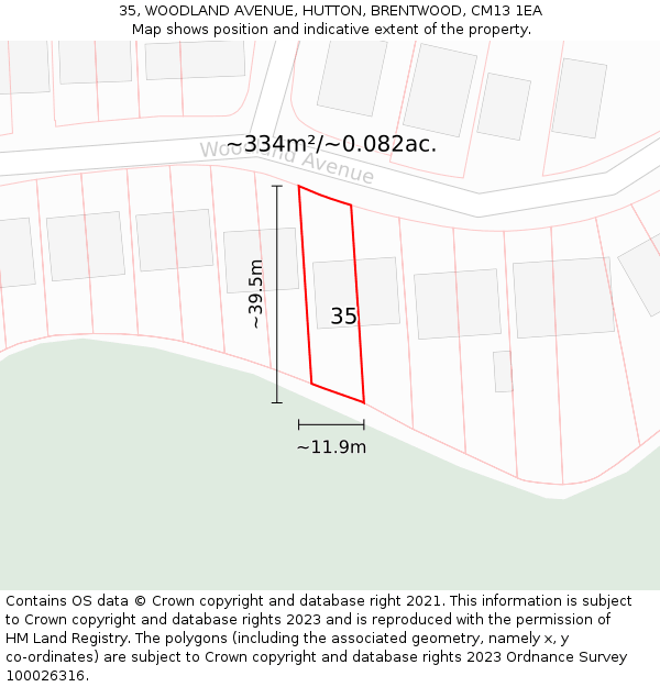 35, WOODLAND AVENUE, HUTTON, BRENTWOOD, CM13 1EA: Plot and title map