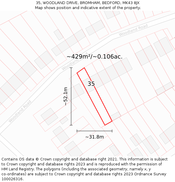 35, WOODLAND DRIVE, BROMHAM, BEDFORD, MK43 8JX: Plot and title map