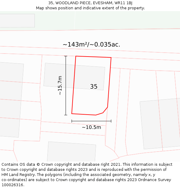 35, WOODLAND PIECE, EVESHAM, WR11 1BJ: Plot and title map