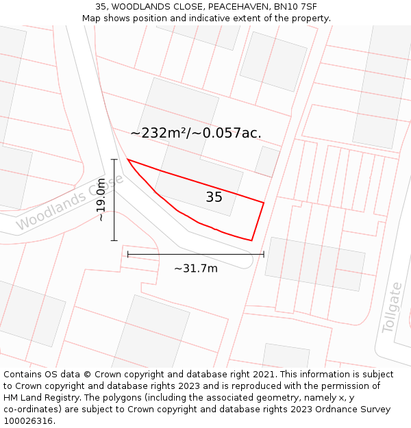 35, WOODLANDS CLOSE, PEACEHAVEN, BN10 7SF: Plot and title map