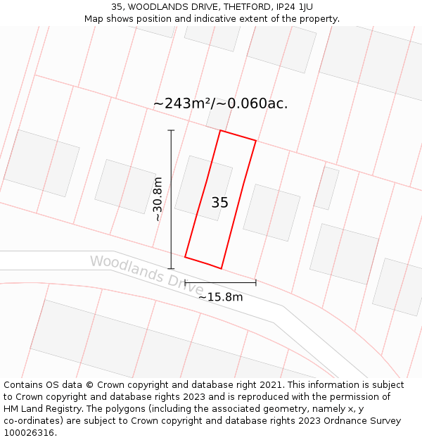 35, WOODLANDS DRIVE, THETFORD, IP24 1JU: Plot and title map