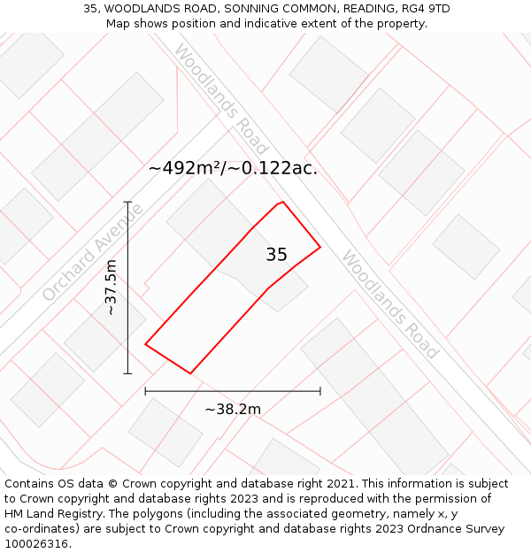 35, WOODLANDS ROAD, SONNING COMMON, READING, RG4 9TD: Plot and title map