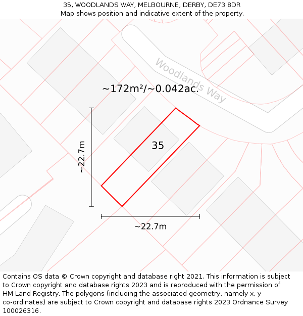 35, WOODLANDS WAY, MELBOURNE, DERBY, DE73 8DR: Plot and title map