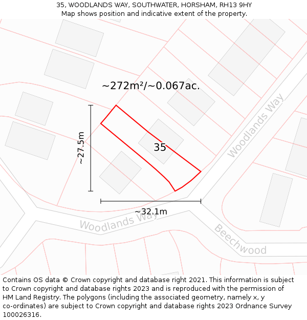 35, WOODLANDS WAY, SOUTHWATER, HORSHAM, RH13 9HY: Plot and title map