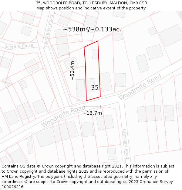 35, WOODROLFE ROAD, TOLLESBURY, MALDON, CM9 8SB: Plot and title map