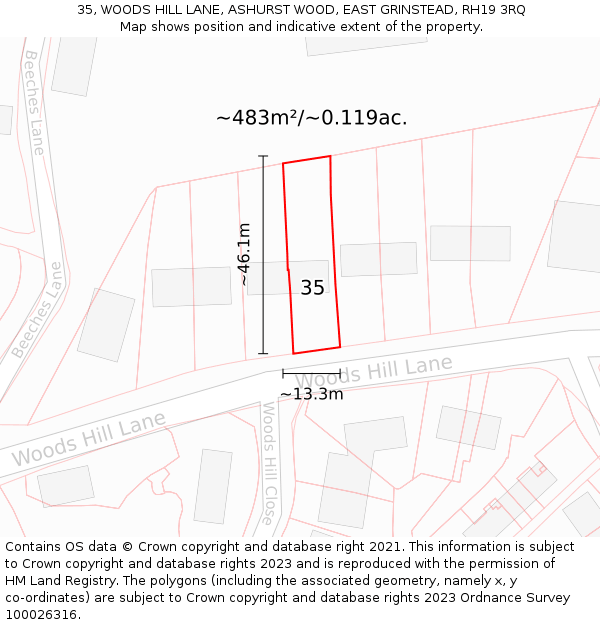 35, WOODS HILL LANE, ASHURST WOOD, EAST GRINSTEAD, RH19 3RQ: Plot and title map