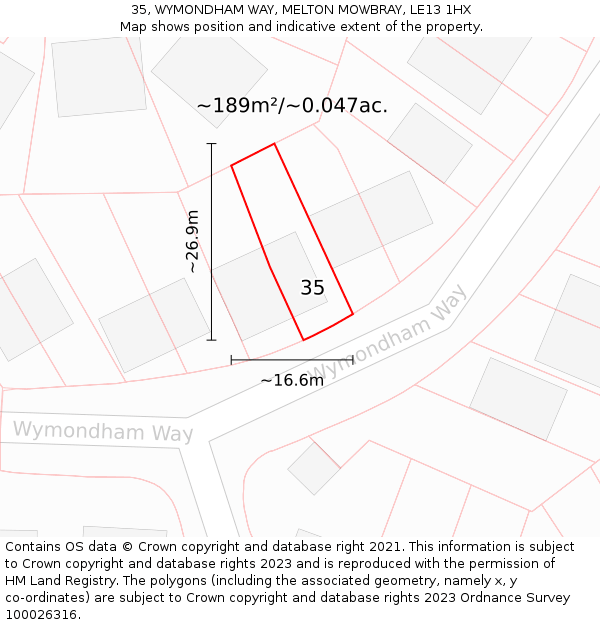 35, WYMONDHAM WAY, MELTON MOWBRAY, LE13 1HX: Plot and title map