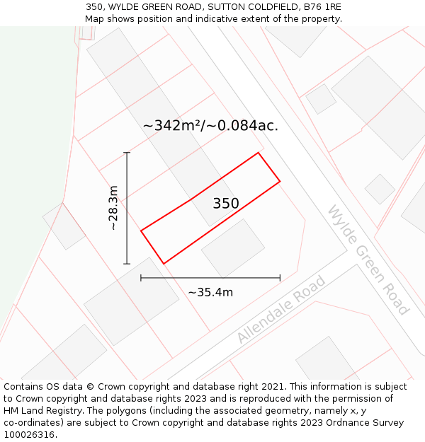 350, WYLDE GREEN ROAD, SUTTON COLDFIELD, B76 1RE: Plot and title map