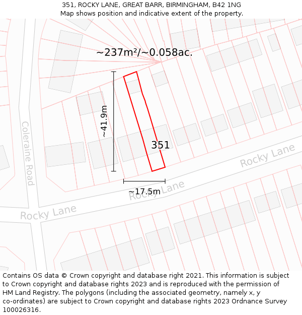 351, ROCKY LANE, GREAT BARR, BIRMINGHAM, B42 1NG: Plot and title map