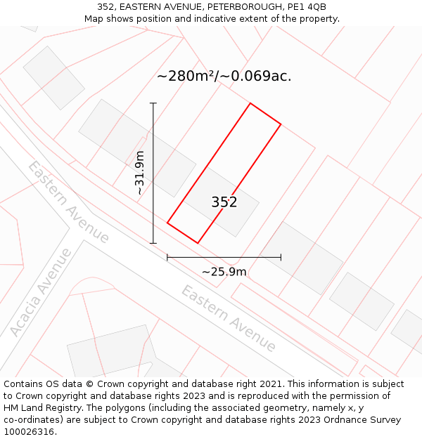 352, EASTERN AVENUE, PETERBOROUGH, PE1 4QB: Plot and title map