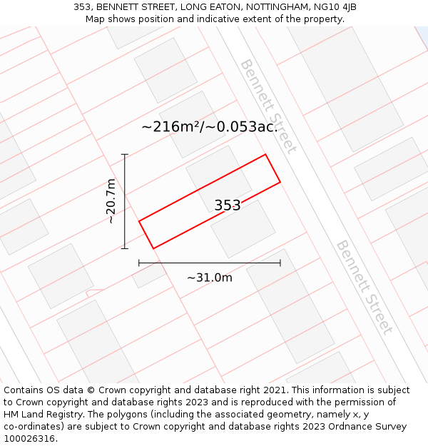 353, BENNETT STREET, LONG EATON, NOTTINGHAM, NG10 4JB: Plot and title map