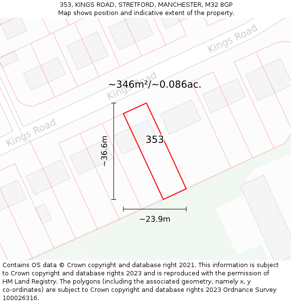 353, KINGS ROAD, STRETFORD, MANCHESTER, M32 8GP: Plot and title map