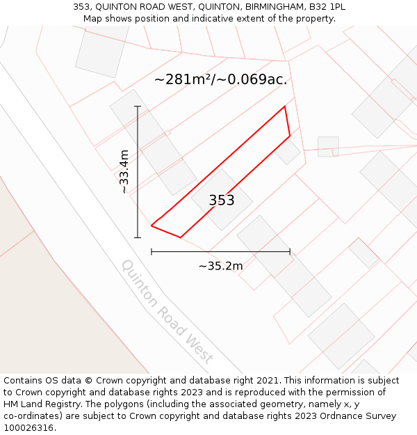 353, QUINTON ROAD WEST, QUINTON, BIRMINGHAM, B32 1PL: Plot and title map