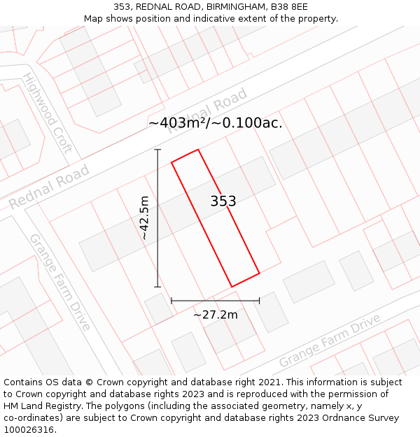 353, REDNAL ROAD, BIRMINGHAM, B38 8EE: Plot and title map