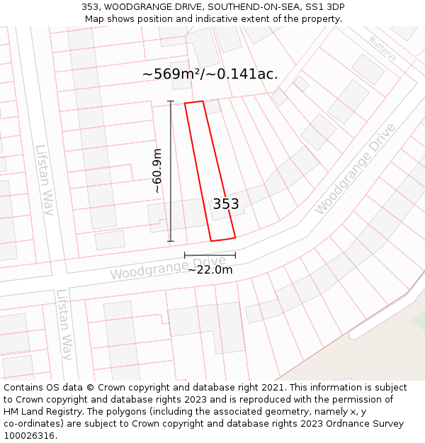 353, WOODGRANGE DRIVE, SOUTHEND-ON-SEA, SS1 3DP: Plot and title map