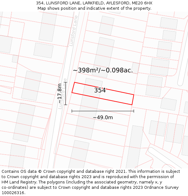 354, LUNSFORD LANE, LARKFIELD, AYLESFORD, ME20 6HX: Plot and title map