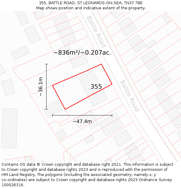355, BATTLE ROAD, ST LEONARDS-ON-SEA, TN37 7BE: Plot and title map