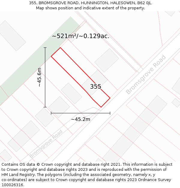 355, BROMSGROVE ROAD, HUNNINGTON, HALESOWEN, B62 0JL: Plot and title map