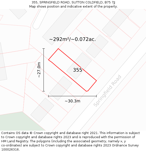 355, SPRINGFIELD ROAD, SUTTON COLDFIELD, B75 7JJ: Plot and title map