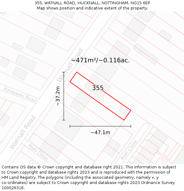 355, WATNALL ROAD, HUCKNALL, NOTTINGHAM, NG15 6EP: Plot and title map