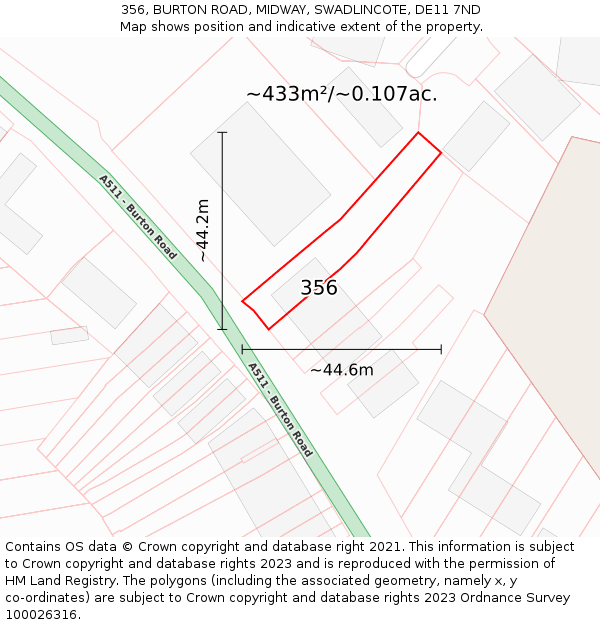 356, BURTON ROAD, MIDWAY, SWADLINCOTE, DE11 7ND: Plot and title map